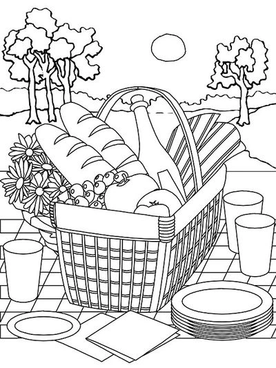 Coloring book of basket with food at summer picnic